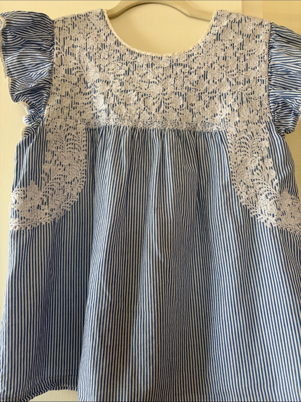 Blue & White Striped Crochet Yoke Flutter Sleeve Blouse - Picture 4 of 5